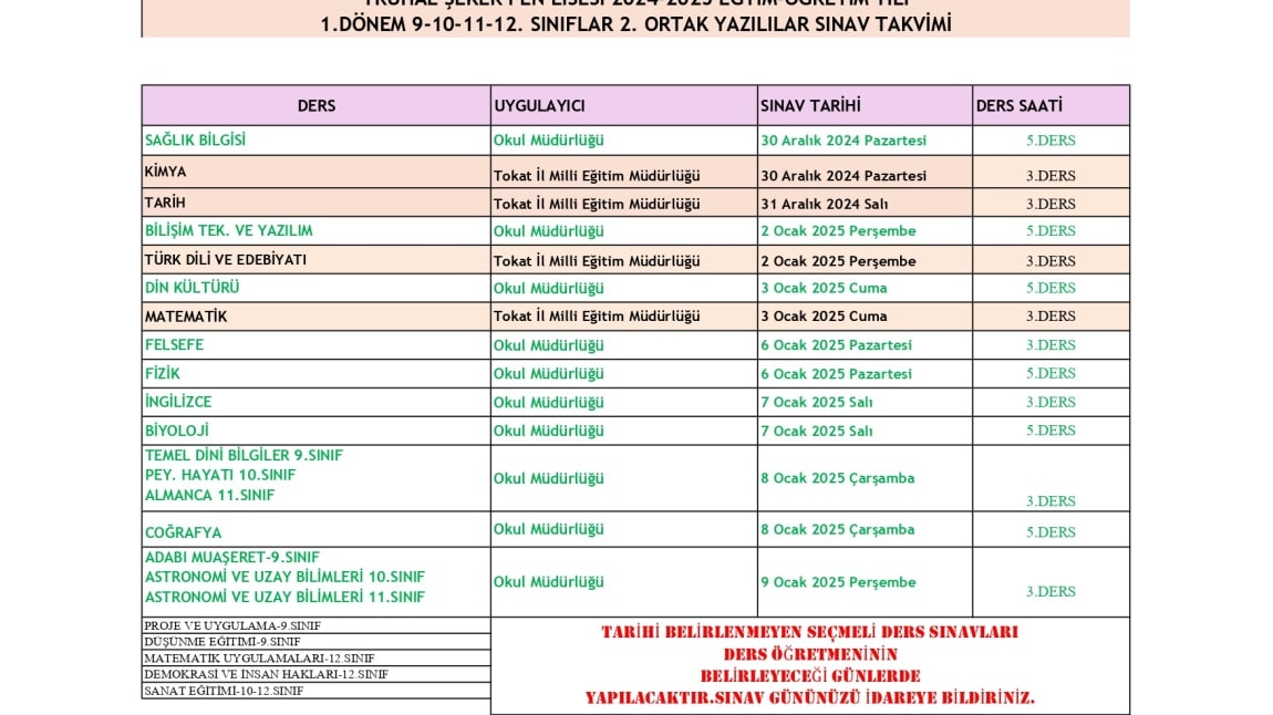 2024-2025 Öğretim Yılı 1. Dönem 2. Otak Sınav Tarihleri